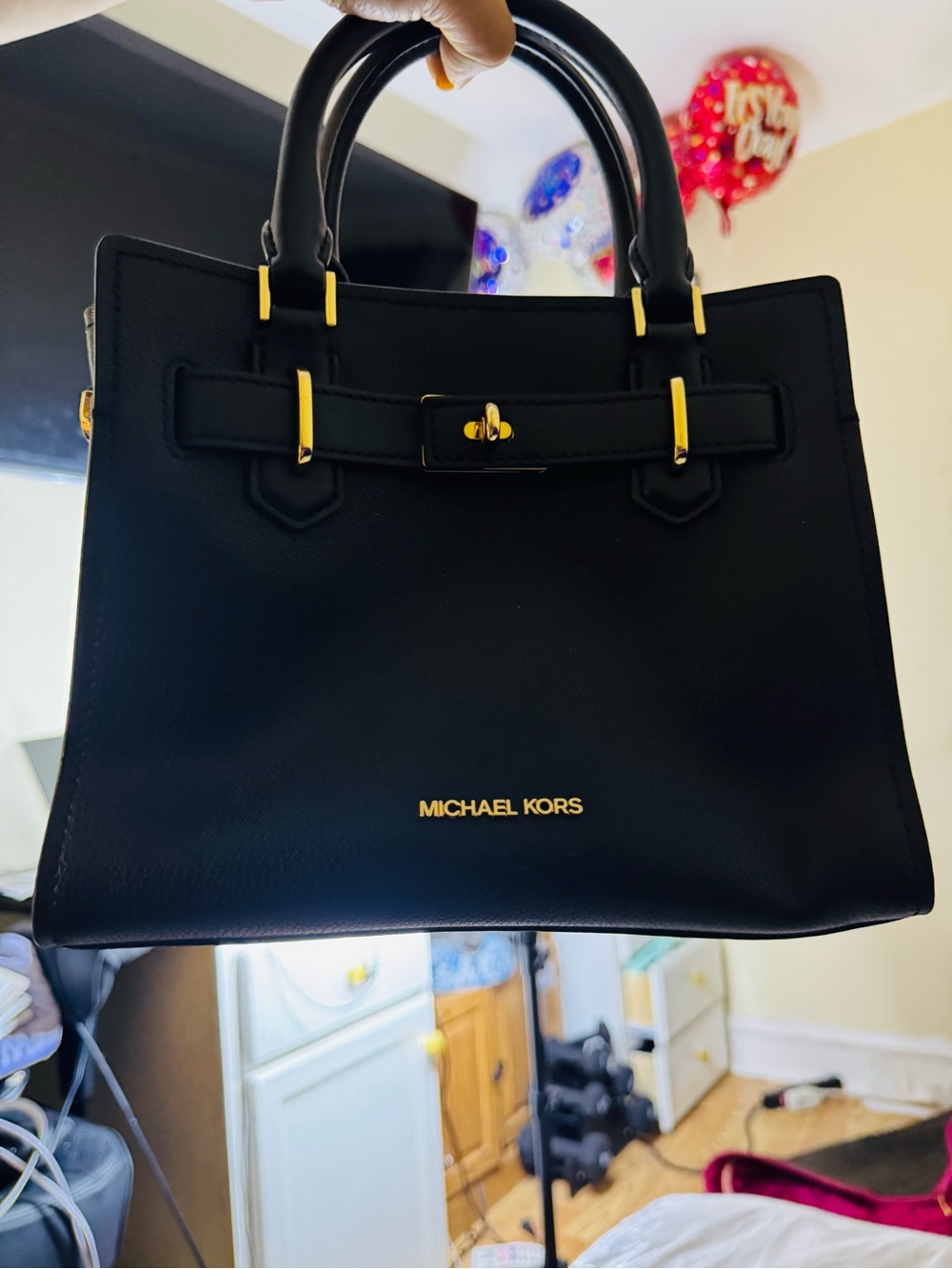 Michael Kors Black Leather Satchel with Gold Hardware